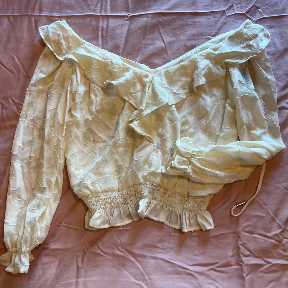 Anthropologie Cream Textured Cropped Blouse